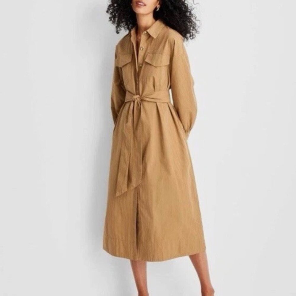 Women's Belted Midi Shirtdress - Future Collective Brown/Black Striped L: Button